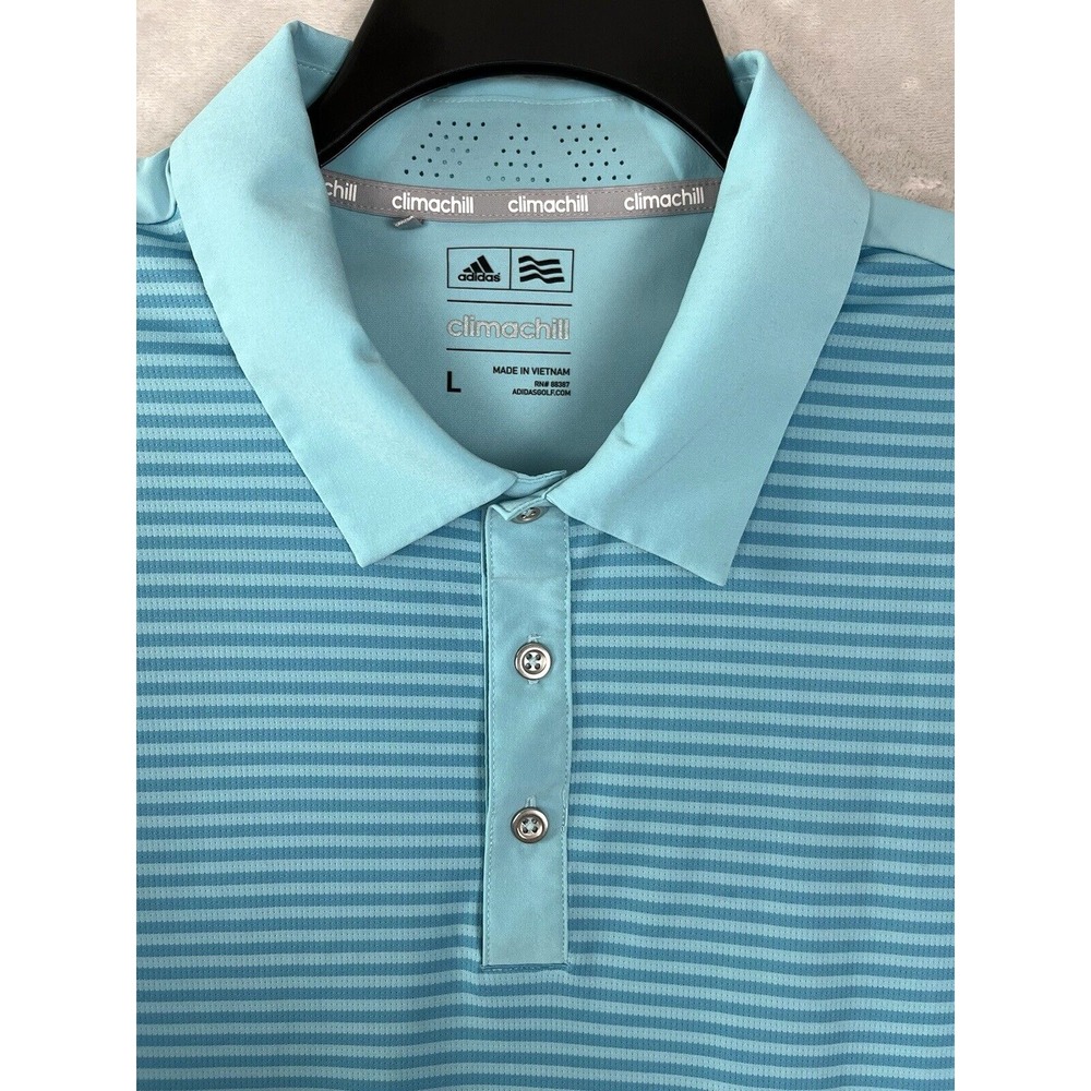 ADIDAS Polo Men  L Blue Stripe Climachill 1/4 Button Short Sleeve Stretch  Golf